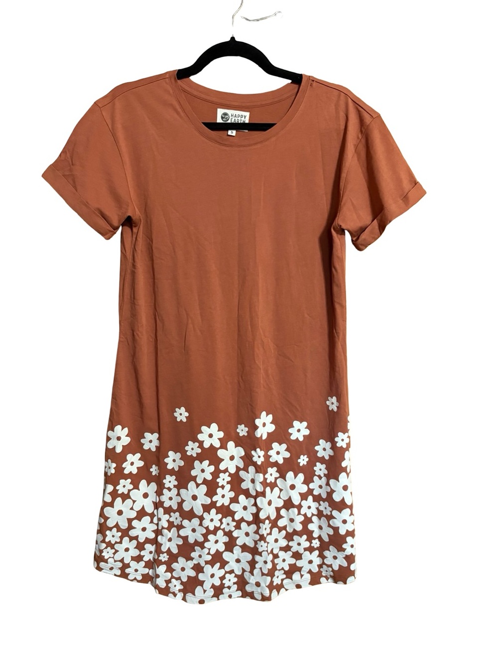 Happy Earth Organic Cotton Rust Orange Bold Floral Print Short Sleeve Dress S